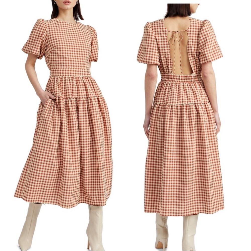 En Saison Juni round neck bubble dress XS gingham Rust Orange Cotton-Blend